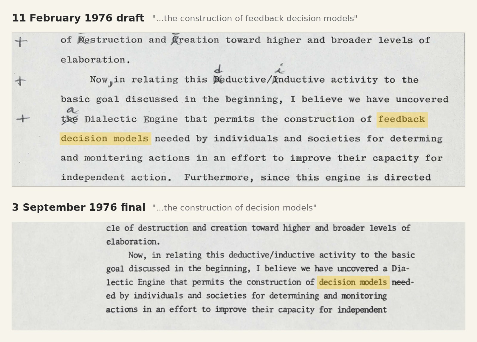 The same sentence in two typescripts of John Boyd's Destruction and Creation. The 11 February 1976 draft reads feedback decision models. The 3 September 1976 final reads decision models.
