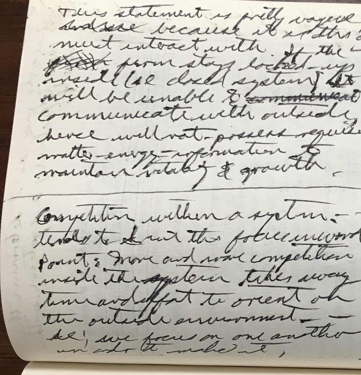 John Boyd's handwritten notes on a firm locked up inside a closed system and on competition that takes time away from orienting on the outside environment