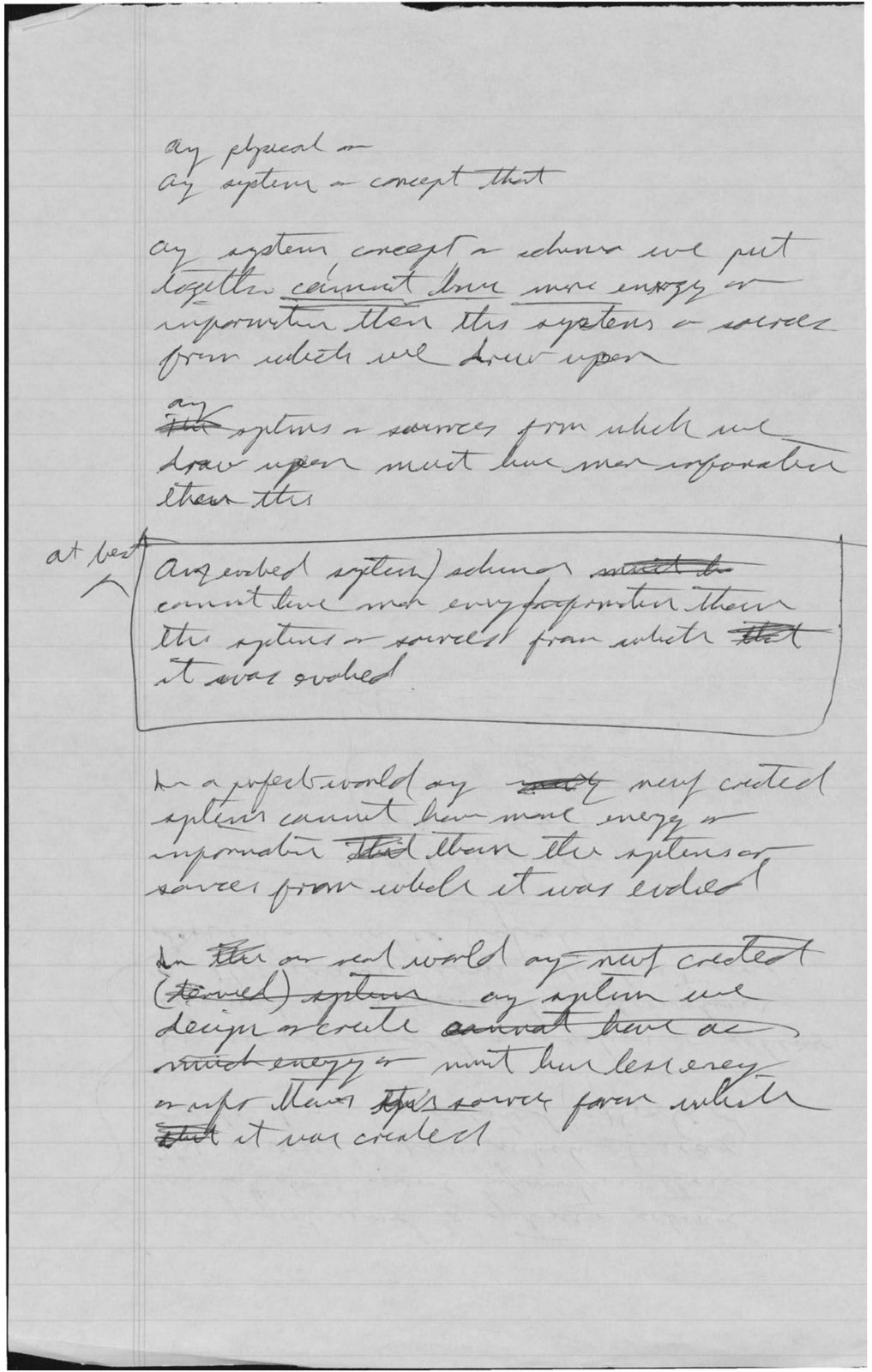 John Boyd’s handwritten note, boxed: any evolved system cannot have more energy or information than the sources from which it was evolved