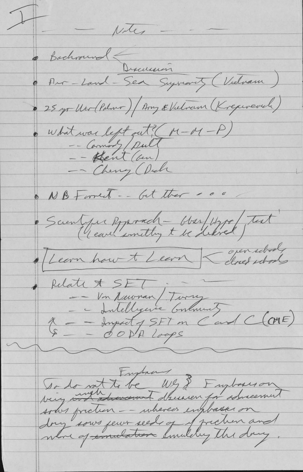 John Boyd’s handwritten notebook page listing Von Neumann and Turing next to the words OODA Loops